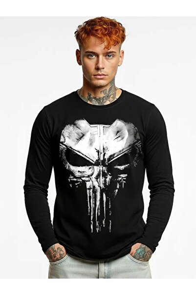 ELNOYA سويت شيرت أسود للجنسين قصة فضفاضة بسيط بتصميم 'رأس الجمجمة' مطبوع بأكم...