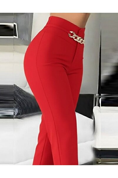 Kanonik Education Women's High Waist Front Chain Detailed Imported Crepe Trousers