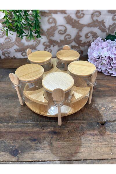 WARDY Bamboo Rotating Stand Round Glass Jar with Spoon