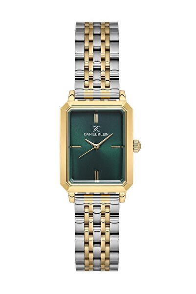 Daniel Klein ساعة يد نسائية معدنية فضية ذهبية اللون مستطيلة الشكل بقرص أخضر