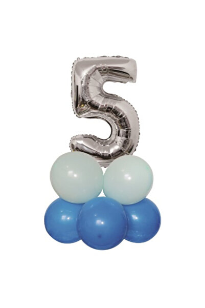 Mirific Party Set of 9 party balloons, metallic foil silver and blue, 80×50 cm, number 5