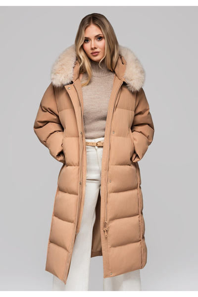 OMBRE Long women's jacket with fur OW-JALJ-0107 v1 - brown