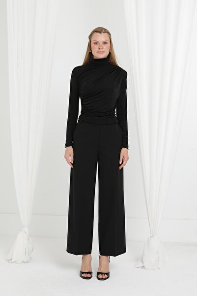 Loreen Γυναικεία ασύμμετρη μπλούζα με λεπτομέρεια γιακά ντραπέ -20672BLZ - ΜΑΥΡΟ