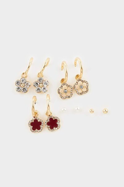DeFacto Women's Gold 5-Piece Flower Themed Earrings G1270Axns