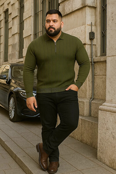 Maccali Men's Plus Size Winter Loose Khaki Polo Neck Sweater