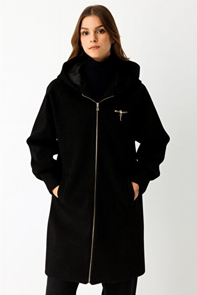 Esswaap Fermuar Kapamalı Kapişonlu Kaban Siyah