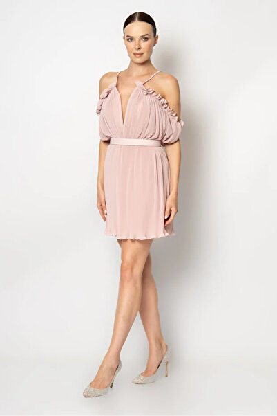 CAN ÇAPAR Göğüs Dekolteli İnce Askılı Piliseli Şifon Abiye Elbise