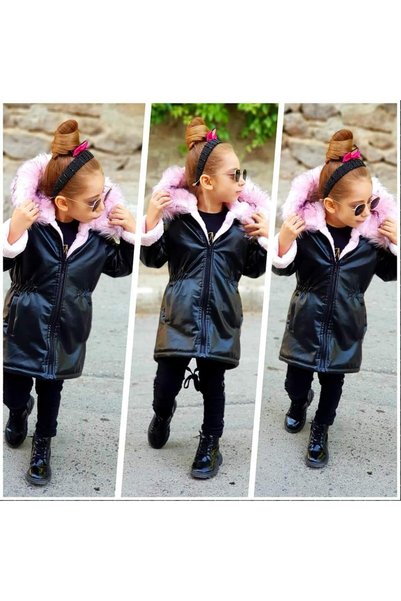 Yağmurun Butiği Winter Waterproof Fully Molded Fleece-Lined Girls' Leather Coat