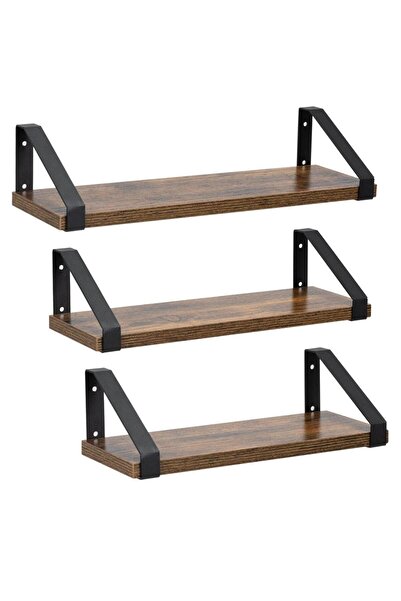 SERSIMO Set de 3 rafturi de perete din metal și MDF, 30-35-40x12 cm, negru și maro