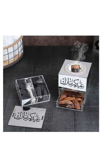 Story of candle Incense Burner with Storage Box "Eid Mubarak" with Tongs, Lighter and Charcoal