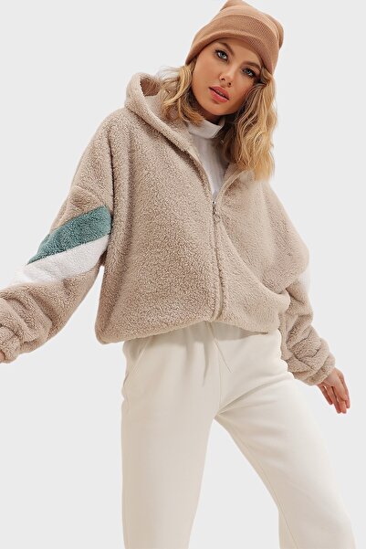 Mila Beige Hooded Zippered Sleeves Color Block Plush Sweatshirt