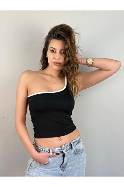 bysoca Kadın Siyah Tek Omuz Kenarı Beyaz Biyeli Asimetrik Yazlık Crop Atlet