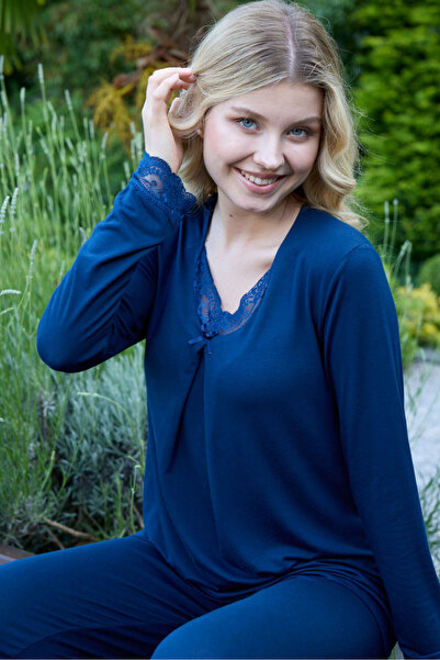 Miss Meryem Lacivert Ring Viskon Uzun Kol Büyük Beden Pijama Takım