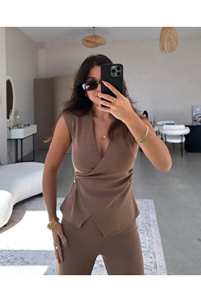 Mars Kahve Zr Model Kruvaze Bluz - Palazzo Pantolon Takım