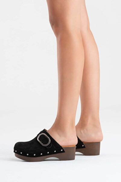 Zeynep Sıradağlı Γυναικείες δερμάτινες παντόφλες Sylive Μαύρο σουέτ