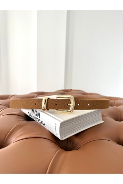 coaksco Women's Suede Gold Square Buckle Tan Belt