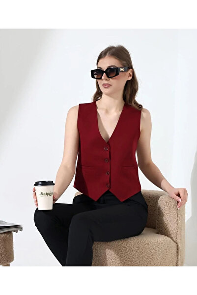 bysoca Жіночий бордовий жилет з V-подібним вирізом, застібкою спереду, класич...