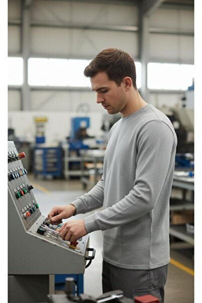 Selçuklu Plus O (Cycling) Collar Sweatshirt – Gray 2 Thread Fabric, Long Sleeve Comfortable Workwear