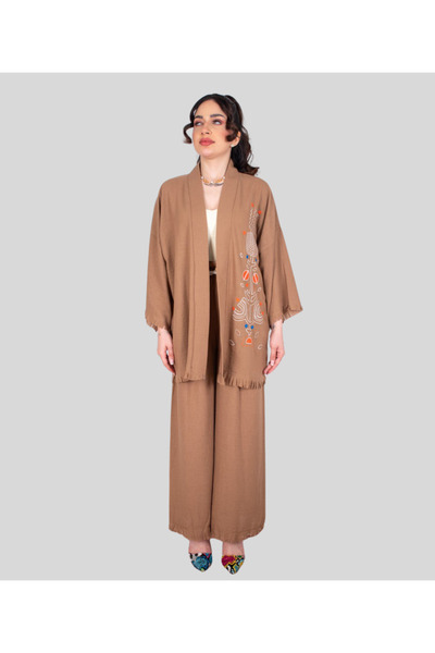 MQ Women's set: Long-sleeved, buttonless patterned jacket and long trousers