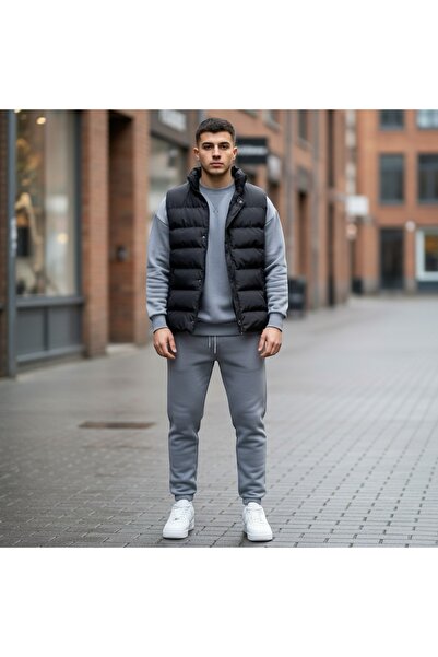 Pablomoda Inflatable Vest and Oversize 3 Thread Crew Neck Thick Fleece Bottom Top Suit, Set of 3