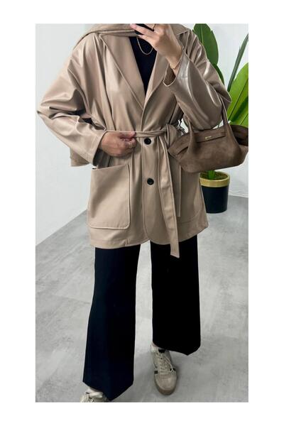 Coral 9472 Çift Cepli Kısa Deri Trençkot Vizon