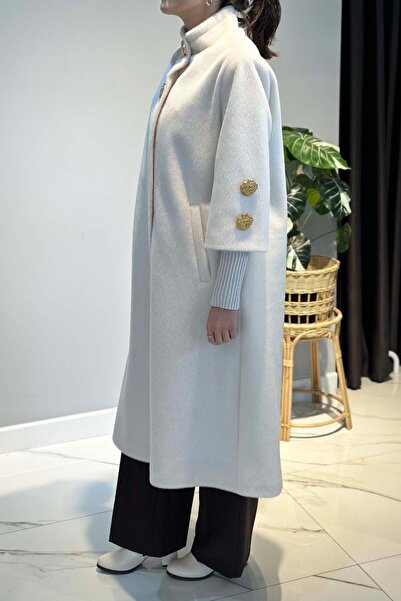 Lale Butik Collar and Sleeve Brooch Detail Coat 2586 Ecru