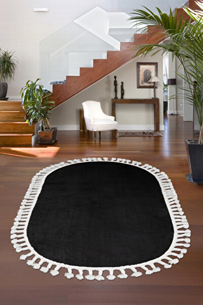 Dijidekor Plush Oval Fringed Carpet Black Color Erasable 160X500