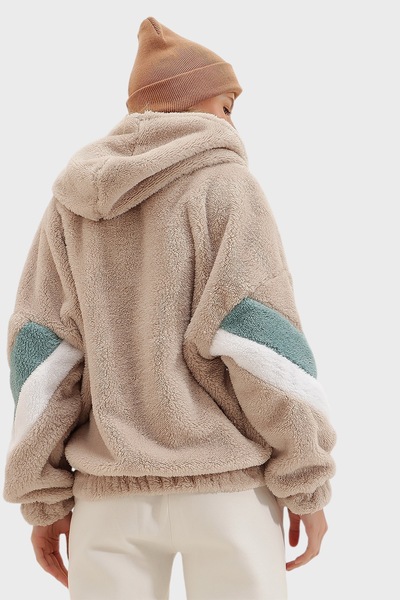 Mila Μπεζ φούτερ με φερμουάρ με κουκούλα μανίκια αντίθεση χρωμάτων βελούδινο