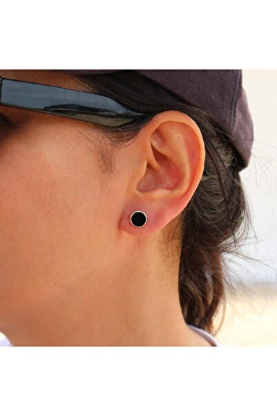 TakıE Gümüş Yuvarlak 925 Ayar Düz Oniks Taşlı El Yapımı Küpe - Unisex