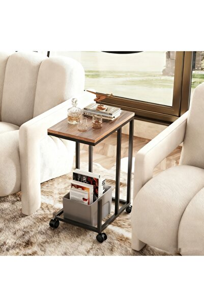 Cozara C-shaped sofa side table, large tabletop C-shaped table, with wheels/basic model in brown