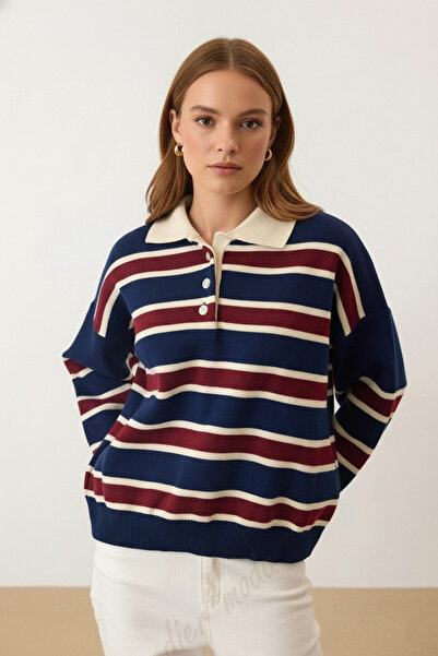 Dier Moda Екру раиран пуловер с копчета и поло яка за жени, дамски пуловер Fm...