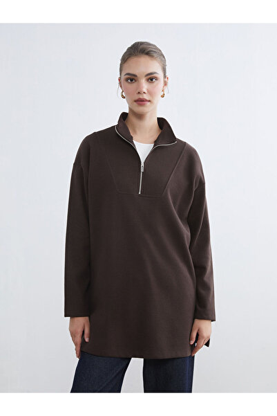 LC Waikiki Brown Stand Collar Women's Sweatshirt Tunic