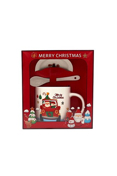 BaoBao Ceramic Christmas Mug Set with Saucer and Spoon, Santa Claus in Car Design, 300 ml