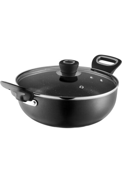 Vinod قدر قلي عميق غير لاصق من زيست ماربيلو سعة 2.5 لتر مع غطاء زجاجي (24 سم) -