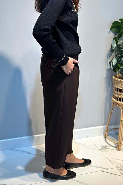 Sentez Elastic Back, Pleated Detail, Ankle Length Trousers 5567 Brown