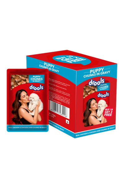 Drools طعام رطب للجراء من الدجاج وكبد الدجاج في المرق، 10+2 مجانًا - 12 × 60 جم