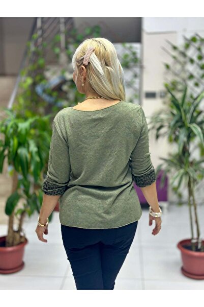 Punta Otantik Nc1202 Round Neck Knitwear with Leopard Inside Small Fit Blouse Khaki