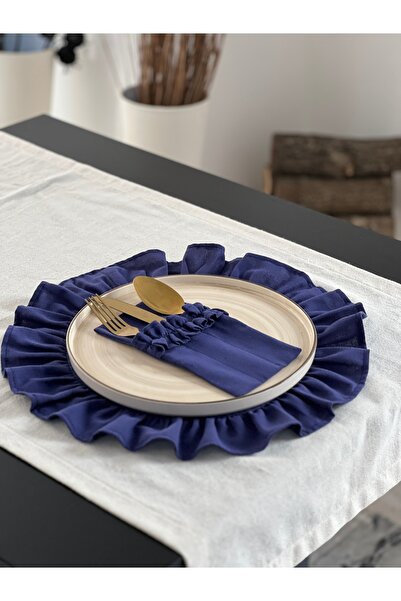 KaiAtelier 6Lı Deep Ham Keten Yuvarlak Fırfır Detaylı Amerikan Servis/ Supla Lacivert