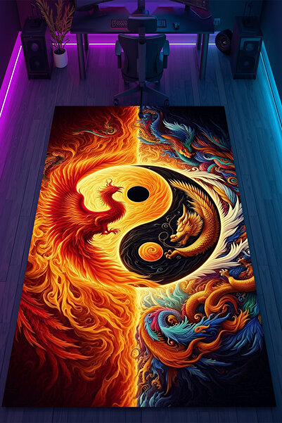 HalıOnline Yin Yang Desenli Kaymaz Taban Makinede Yıkanabilir Gaming Oyuncu G...