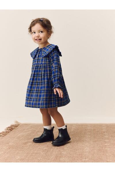 Next Baby Cotton Navy Blue Plaid Long Sleeve Dress