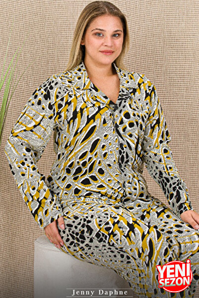 Jenny Daphne Warm Non-Sweaty Belmando Viscose Fabric Buttoned Top Plus Size Pajama Set 45009