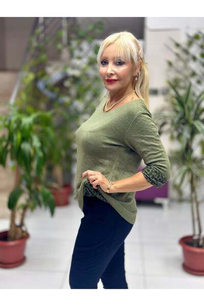 Punta Otantik Nc1202 Round Neck Knitwear with Leopard Inside Small Fit Blouse Khaki