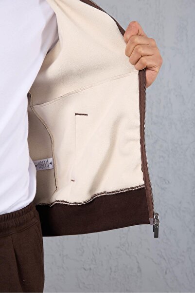 Valiberta Ron Selanik Плетен мъжки пуловер с подплата от флийс, двойна ципа и яка - кафе