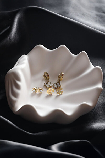 Eloura Accessories Gold Renk Çelik Küpe Seti-Yonca ve Taş Detaylı