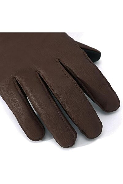 Harssidanzar Men's leather gloves, fleece lined, brown, size M,