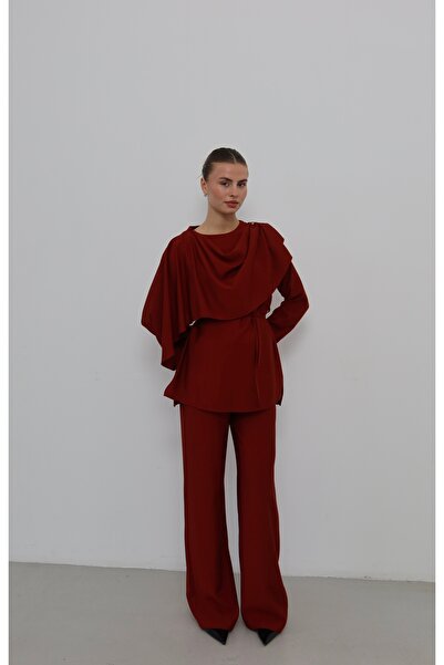 JASTE Women's Draped Belted Blouse & Wide Leg Elastic Waist Pants Set