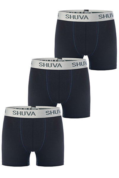 SHUVA Erkek 3'lü Paket Boxer Pamuklu Likralı Esnek Rahat Kesim - Lacivert Set