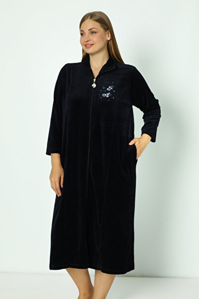 İntensive Navy Blue Zippered Cotton Velvet Three Quarter Sleeve Velvet Dress