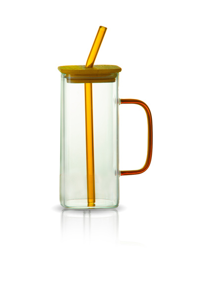 Store Bambu Kapaklı Renkli Pipetli Borosilikat Cam Bardak