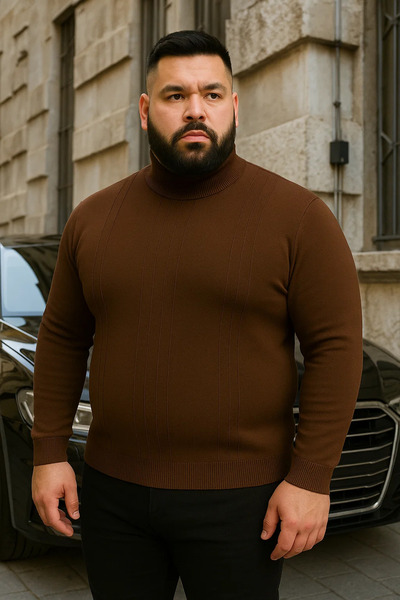 Maccali Men's Plus Size Striped Brown Turtleneck Knit Sweater